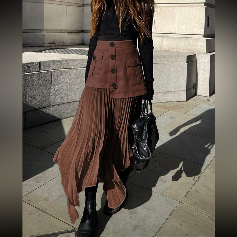 Patchwork Asymmetrical Pleated Buttoned Midi Skirt